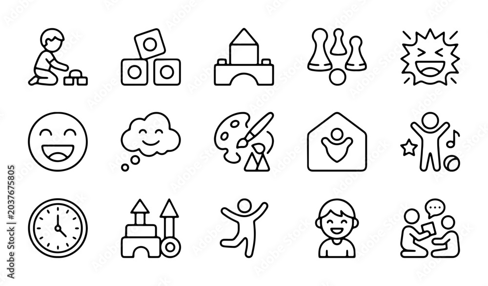 Fototapeta premium Childhood Play Icons, Kids Activities Vector Set, Fun Recreation Graphics, Learning & Joy Symbols