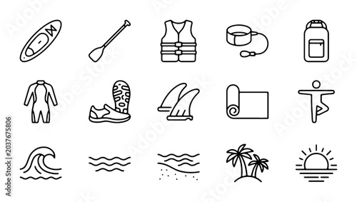 Fotografie Water Sports Icons Set, Kayak, Paddle, Life Vest, Surfboard Leash, Dry Bag, Wets