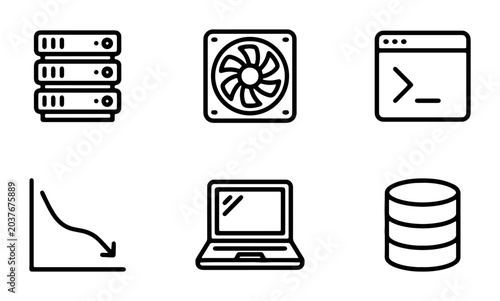 Server Rack, Computer Fan, Terminal Window, Downturn Graph, Laptop, Database Icons Set