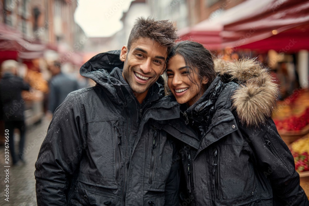 Obraz premium Portrait of a grinning indian couple in their 20s donning a durable down jacket over vibrant market street background
