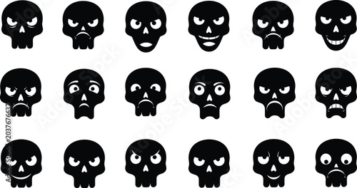 Fotografija Collection of black skull emojis with various emotive expressions on white backg