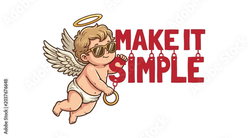Cute Little Angel Wearing Stylish Sunglasses with Make It Simple Slogan Vector Illustration of a Celestial Cherub Character for Minimalist Graphic Design and Modern Urban Streetwear Apparel