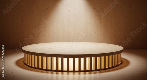 Illuminated circular stage with golden textured barrier under spotlight