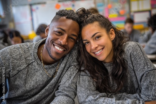Portrait of a smiling latino couple in their 20s sporting a long-sleeved thermal undershirt over lively classroom background
