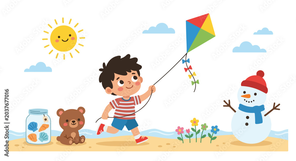 Fototapeta premium A cheerful young boy flies a colorful kite on a sunny beach, accompanied by a teddy bear, a jar of seashells, flowers, and a snowman.