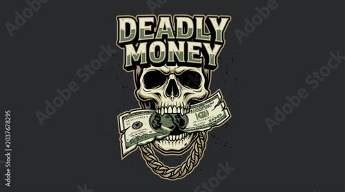 Symbolic vector illustration of a deadly wealth concept featuring a human skull wearing a gold necklace alongside a ripped banknote and a cautionary financial slogan in grunge style.