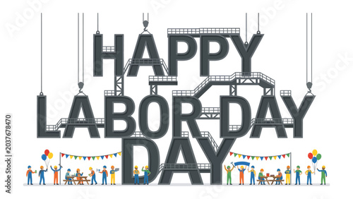 Fotografi Happy Labor Day Celebration: A vibrant illustration depicts the joyous spirit of Labor Day with workers celebrating amidst festive decorations and industrial elements