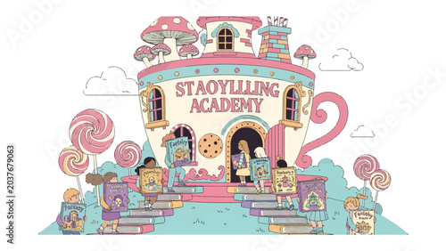 Foto Fairytale Academy of Stories: Whimsical illustration of a story academy built within a teacup, adorned with candy elements and attended by curious children eager to learn