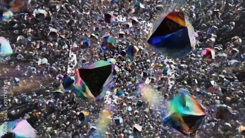 Abstract explosion of sparkling crystals and fragments on dark background