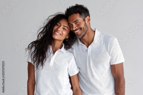 Portrait of a content latino couple in their 30s wearing a breathable golf polo on plain white digital canvas