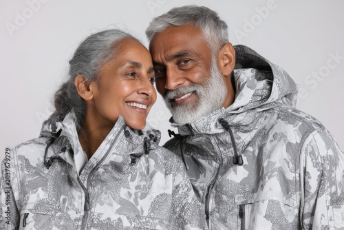 Portrait of a happy indian couple in their 80s wearing a lightweight packable anorak in plain white digital canvas