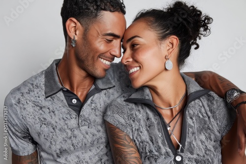Portrait of a content latino couple in their 30s wearing a breathable golf polo isolated in plain white digital canvas