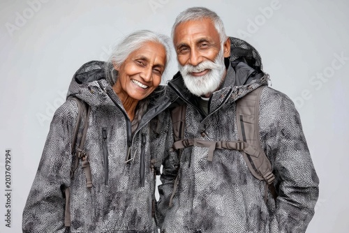 Portrait of a happy indian couple in their 80s wearing a lightweight packable anorak in plain white digital canvas
