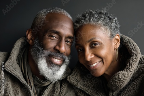 Portrait of a smiling afro-american couple in their 60s dressed in a comfy fleece pullover on bare monochromatic room