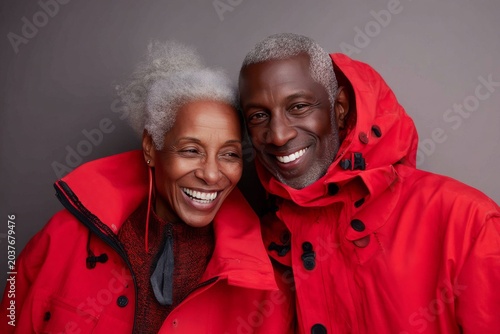 Portrait of a grinning afro-american couple in their 70s wearing a vibrant raincoat isolated on bare monochromatic room