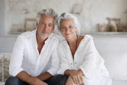 Portrait of a content latino couple in their 60s wearing a classic white shirt isolated in crisp minimalistic living room