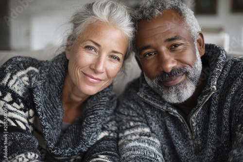 Portrait of a tender mixed race couple in their 60s dressed in a comfy fleece pullover over crisp minimalistic living room