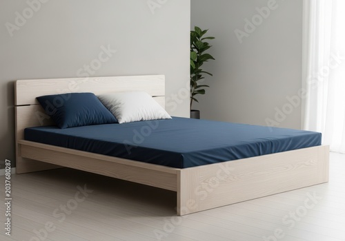Modern minimalist bedroom featuring a light wooden bed with blue bedding and pillows.