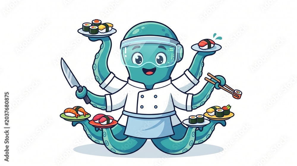 Fototapeta premium Minimal Vector Octopus Mascot Chef for Restaurant Marketing and Packaging Design