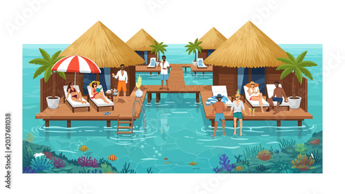 Fotografi Tropical Paradise Getaway: An idyllic scene unfolds with overwater bungalows nestled in crystal-clear turquoise waters, where sunbathers relax on loungers under thatched roofs