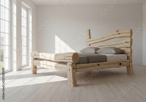 Minimalist wooden bed in a bright and airy bedroom with natural light