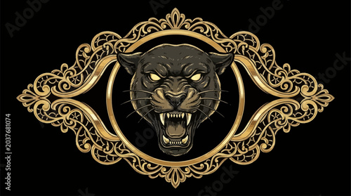 Furious black panther mascot head encased in an intricate gold chrome filigree lace frame, vintage hand drawn feline illustration isolated on dark backdrop vector graphic