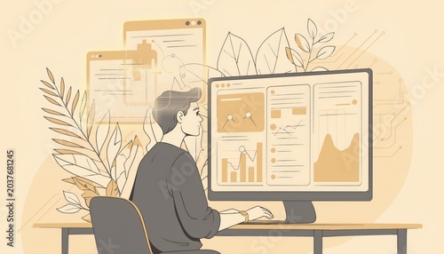 A focused individual analyzing data on a computer screen, surrounded by greenery and digital graphics.