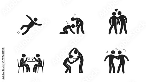 Human Interaction and Social Situation Icons Set – Conflict, Support, Friendship, Relationship Silhouette Collection
