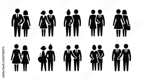 Family and Relationship Silhouette Icons Set – Couples, Parents, People, Human Figures Black Symbol Collection
