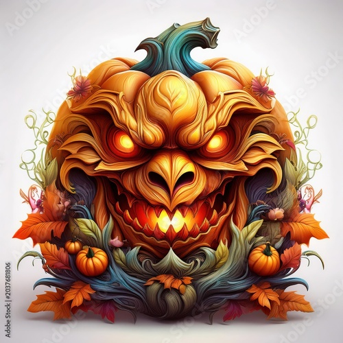 A vibrant and artistic pumpkin carving with intricate details, perfect for Halloween-themed decor and festivities.