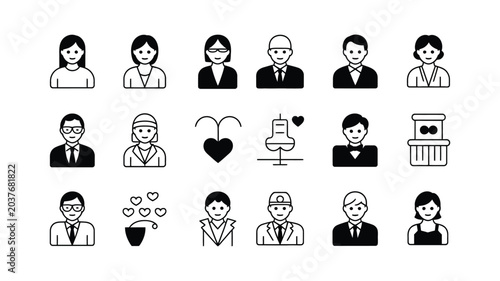 Professional Occupation and Career Line Icons Set – Doctor, Teacher, Chef, Scientist, Business People Collection