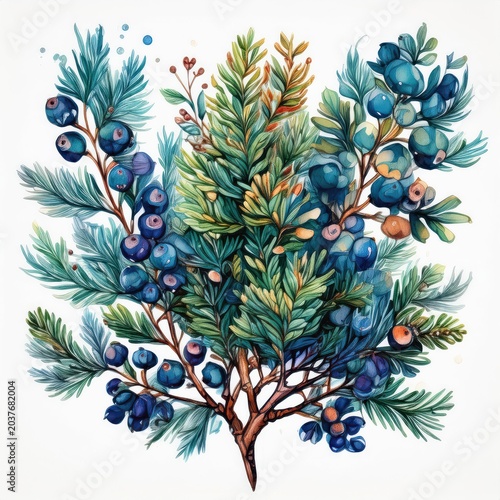 A vibrant illustration of a botanical arrangement featuring colorful berries and lush green foliage.