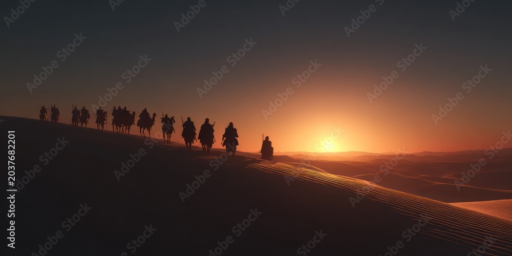 Fototapeta premium Desert caravan silhouette at sunset with people and animals travel concept golden light