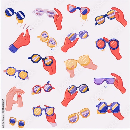 Colorful hand-drawn sunglasses collection showcasing various styles and angles for summer fashion.