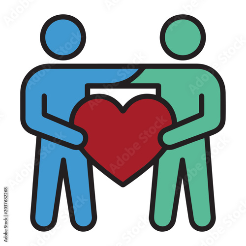 Two Characters Sharing Heart Icon Outline Flat Style Donation Care Teamwork Vector EPS