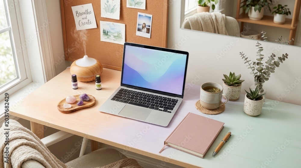 Fototapeta premium Emotional support workspace design home office desk with organic decor cozy environment elevated viewpoint