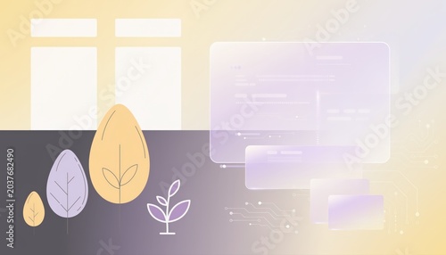 Stylish illustration of leaves and a plant with a modern interface background, perfect for digital design projects.