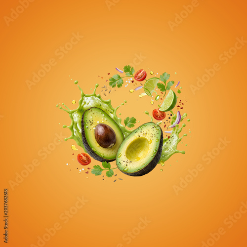Fresh Avocado Halves with Splashing Greens and Tomatoes