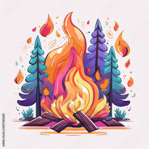 Vibrant campfire scene surrounded by colorful trees, ideal for illustrating outdoor leisure and nature enjoyment.