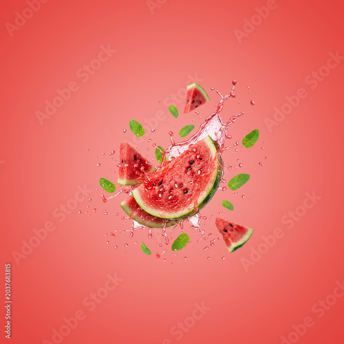 Fresh Watermelon Slices Exploding in Air