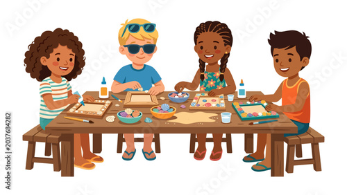 Konstfotografi Creative Kids at Craft Table: A diverse group of happy children are engrossed in a fun craft activity around a wooden table, surrounded by art supplies and colorful materials