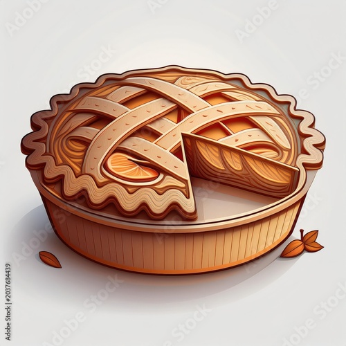 A beautifully illustrated pie with a golden crust, showcasing a slice removed to reveal its delicious filling.