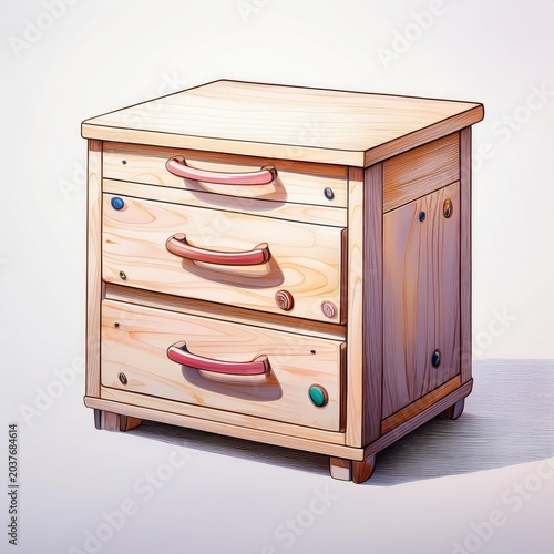 A charming wooden drawer unit with colorful handles, perfect for organizing your personal items.