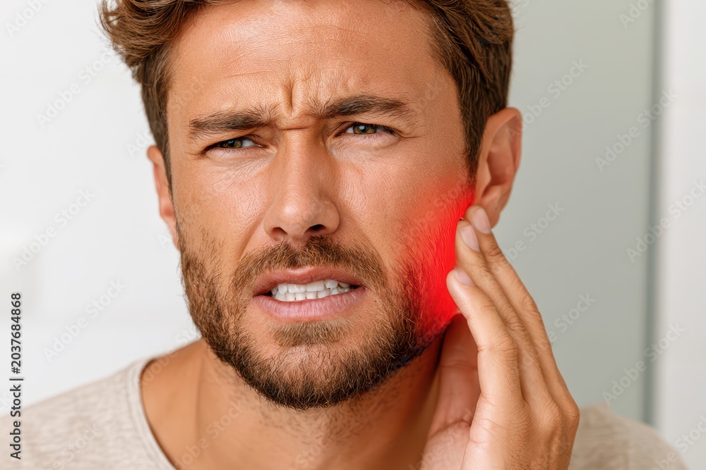 Fototapeta premium Man experiencing severe toothache and jaw pain, with red inflammation highlighting the discomfort and agony.