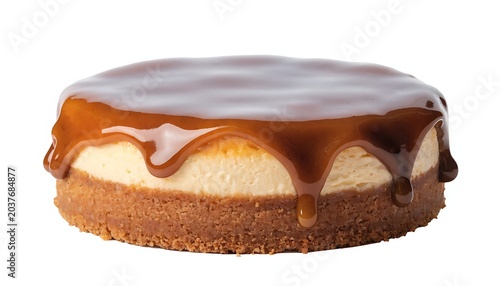 Caramel cheesecake isolated on white background highlighting creamy filling and glossy syrup topping