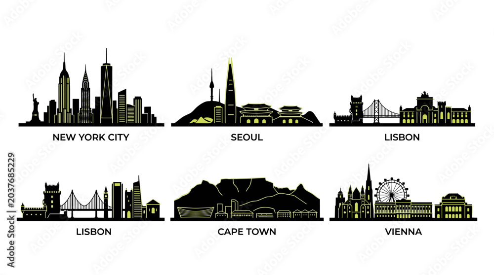 Naklejka premium Minimal World City Skyline Icon Collection Featuring New York Seoul Lisbon Cape Town and Vienna Vector Set