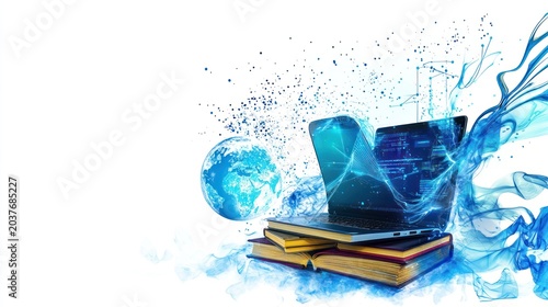 Digital Learning, Open Laptop, Books, Earth, Abstract Background