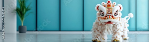 A colorful lion dance lion statue inside a modern building, symbolizing celebration and cultural tradition.