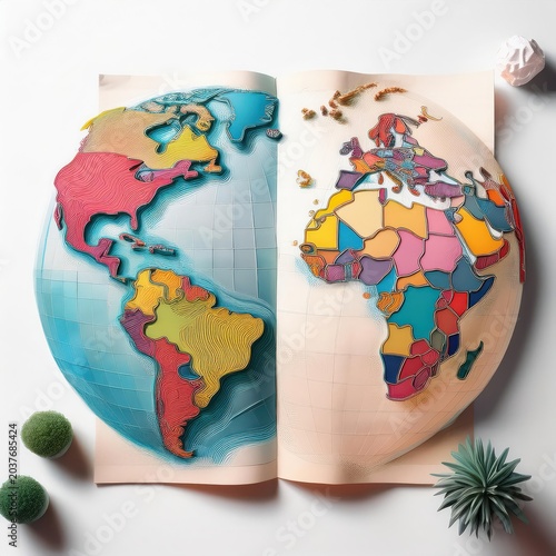 A colorful, artistic globe depicting continents and countries, ideal for travel-themed designs and educational content.