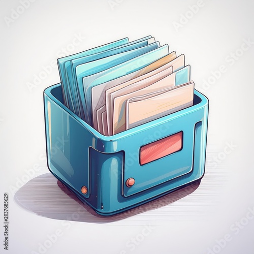 A colorful storage box filled with organized letters and documents for efficient office management.